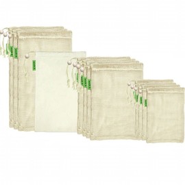 E-Know Vegetable Cotton Bags, Set of 11, Fruit and Vegetable Bags, Natural Mesh Cotton, Zero-Waste (3 Small, 4 Medium, 3 Large, 1 Storage Bag)