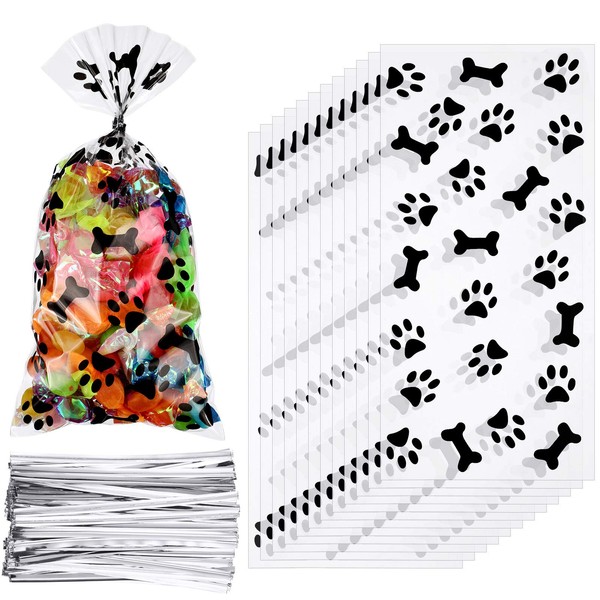 Maitys 100 Pieces Paw Bone Print Treat Bags Cellophane Clear Food Bags with 200 Pieces Twist Ties for Candies Chocolate Cookies Dessert Snacks (Black)