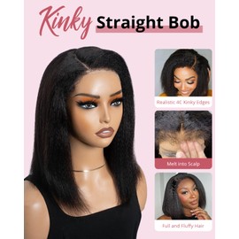 Style Icon Short Kinky Straight Bob Human Hair Wig with 4C Kinky Curly Edges Hairline Wear and Go Glueless Bob Wig for Women 14 Inch Pre Plucked Pre Cut Deep Side Parted Lace Bob Wig