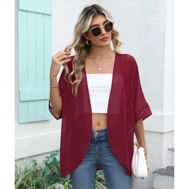 LILBETTER Womens Kimono Beach Cover Up Chiffon Cardigan Tops Loose Capes(Wine Red, Large)