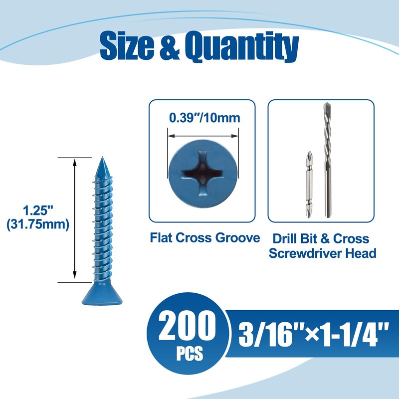 ANCHOREASE 3/16″×1-1/4″ (200Pcs) Flat Head Concrete Screw Anchor, Blue Screw,