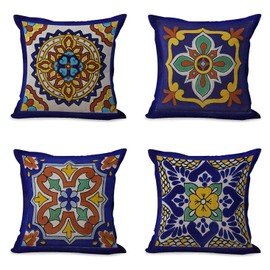 Semtomn Set of 4 Linen Throw Pillow Covers Spanish Talavera Exotic Geometry Dark Retro Ethnic Home Decorative 20"x20" Flax Pillow Cases Cushion Square Pillowcases
