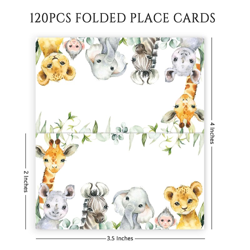 120 Pack Safari Animals Baby Shower Place Cards, 3.5" x