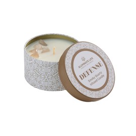Aluminate Life Luxury Candle Tin, 6 OZ, Defense - Smoky Quartz Crystal Infused - Scents of Frankincense, Neroli, & Sage - Detoxify, Ground, & Fortify - Coconut Wax Blend, Essential Oils