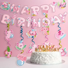 iPartyGo Axolotl Happy Birthday Banner - 12PC Pink Birthday Decor Backdrop Sign Party Supplies Set Cute Animals Photo Background Supplies Hanging Swirls Decorations Girls Boys Women Men Children Kids