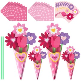 BeYumi Flower Bouquet Craft Kit - 24Pcs Valentine's Day Pink Flower Bouquet Craft Kit for Kids Make Your Own Heart Flower Bouquet Valentine’s Day DIY Gift School Classroom Home Fun Activities