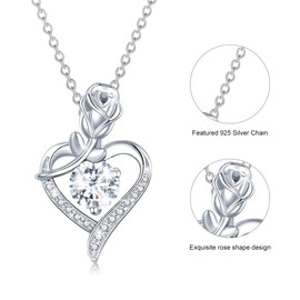 Moissanite Heart and Rose Pendant Necklace | Lab Grown 1.0ct Diamond & Platinum Plated Pendant | Sterling Silver Necklace for Women | Moissanite Necklaces for Women | Statement Piece | Non Tarnish