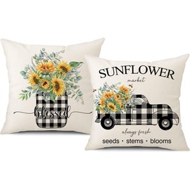 Gujiahone Sunflower Pillow Covers 18x18 Set of 2 Black White Buffalo Plaid Truck Sunflower Summer Decorative Cushion Cover Living Room,Couch and Bed