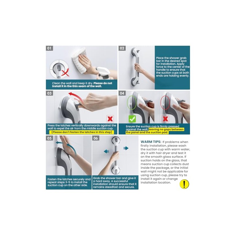 TAILI Suction Grab Rail for Bathroom,110kg,43cm,NoDrill,Elderly,Grey,2pcs