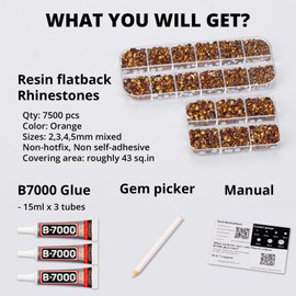 Worthofbest 7500Pcs Orange Rhinestones Flatback with b7000 Glue for Crafts Clothing Clothes Crafting Shoes Fabric, Burnt Orange Rinestones Bedazzle Gems Bulk, Flat Back Crystals Diamonds Kit 2-5mm Assorted Sizes