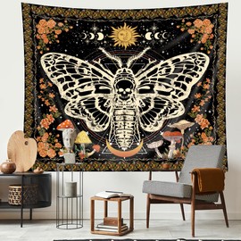 Homewelle Gothic Skull Moth Tapestry Vintage Butterfly Skeleton Floral Cool Wall Art 59Wx51H Inch Moon Phase Witchy Crescent Mystic Orange Black Wall Hanging Bedroom Living Room Dorm Decor Fabric