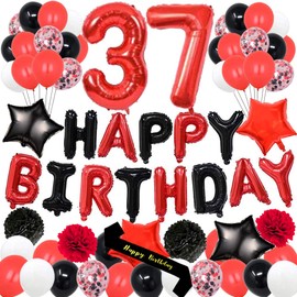 yujiaonly 37th Birthday Party Decorations-Happy Birthday Foil Ballons Banner Red Number37 Happy birthday Sash Latex Balloons Perfect for 37 Years Old Party Supplies Balloons Number 37 Red