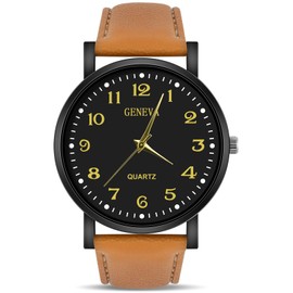 OFFCUP Men's Analogue Quartz Watch with Leather Strap, Minimalist Watch for Men with Large Dial, Classic Business Watch, Easy to Read, Black Dial - Brown Strap, Strap.