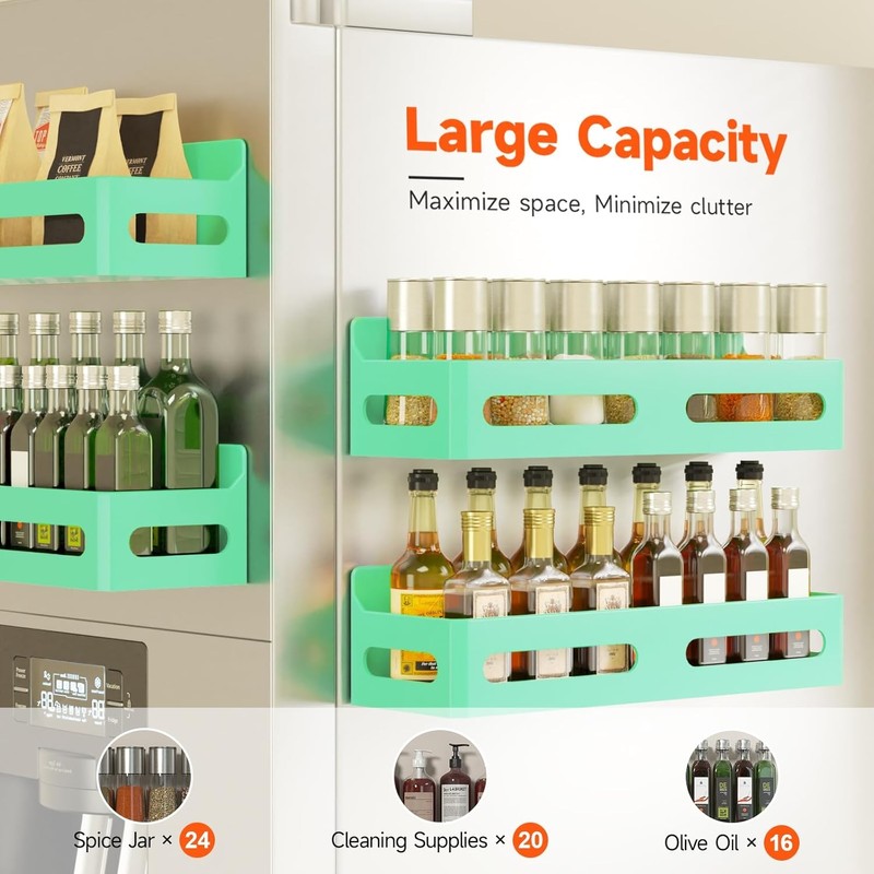 Sevenblue 4-Pack Magnetic Spice Rack for Refrigerator with Hooks, Green