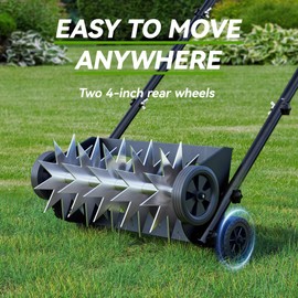 18-Inch Lawn Aerator,Heavy Duty Push Spike Aerator with 4 Wheels,Aerator Lawn Tool with Steel Handle, Manual Aerator Lawn Tool with Foam Armrests, Suitable for Lawn, Garden and Yard
