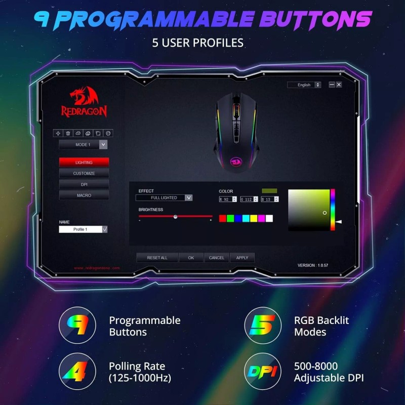 Redragon M910-K RGB Backlit Gaming Mouse Wired Ergonomic 9 Button