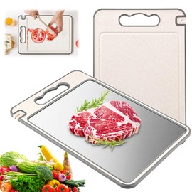 Chopping Board, Double-Sided Chopping Board, Food-Grade 304 Stainless Steel & Wheat Straw Board Set, Kitchen, 36.5 x 24.5 cm, Stainless Steel, Non-Slip, Scratch-Resistant for Meat, Vegetables