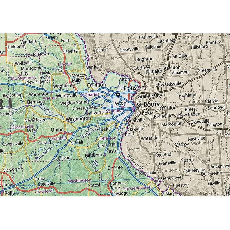 Missouri State Physical Map - 16.5 x 16.5 Inches -