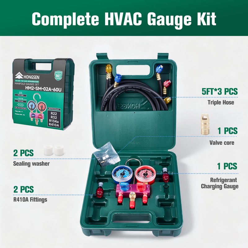 Hongsen HM2-SM-02-A Mini HVAC Manifold Gauge Set with 5FT Black