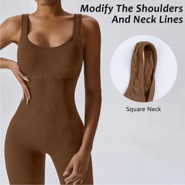 Bodycon Jumpsuit for Women UK, Sleeveless Square Neck Black Jumpsuit, Seamless Ribbed Stretchy Romper for Fitness Yoga Workout (Brown, M)