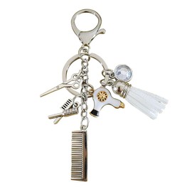 Meimimix Hairdresser Hair Dryer Scissor Comb Keychain with Tassel Diamond Hair Stylist for Barber Christmas Birthday Gifts (white)