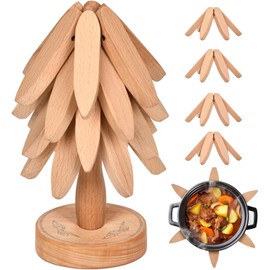Trivets for Hot Dishes, Tree Trivet Set, Trivets for Hot Pots and Pans, Pot Holders, 4 Wooden Tripods+1 Cute Like a Christmas Tree Trivet, (Beech).