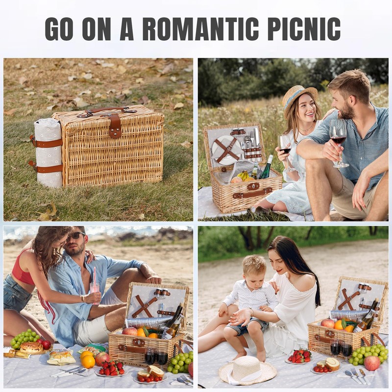 HappyPicnic Picnic Basket Set for 2 - Wicker Picnic Basket