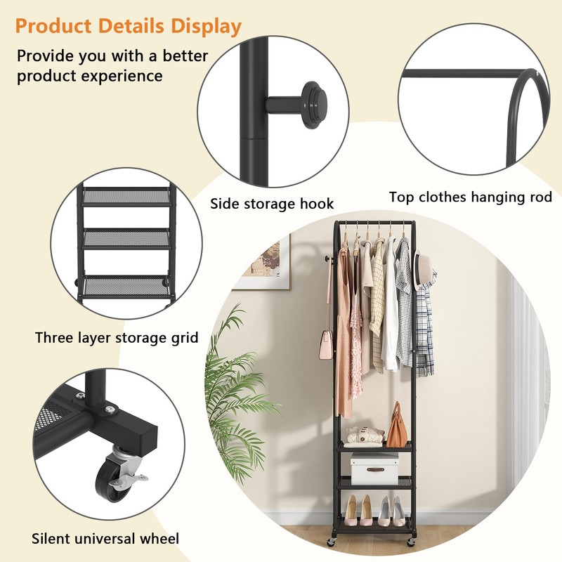Kaitiemoo Heavy Duty Clothing Rack With Wheels,Modern Garment Rack With
