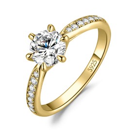 JewelryPalace Classic 1ct Cubic Zirconia Solitaire Engagement Rings for Women, 925 Sterling Silver Yellow Gold Promise Ring for Her, Round Cut Simulated Diamond Anniversary Wedding Rings Size 4.5