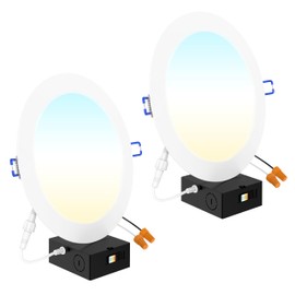 Sunco 8 Inch Ultra Thin LED Recessed Canless Smooth Trim Wafer Thin Indoor Ceiling Lights Slim Selectable 2700K/3000K/3500K/4000K/5000K Dimmable 18W 1350 Lumens with Junction Box 2 Pack