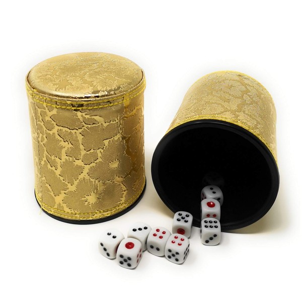 Asian Home Thy Collectibles Dice Cup with 5 Dices, PU Leather Professional Dice Shaker Cup Set for Yahtzee / Craps / Backgammon or Other Dice Games Golden, 2 Pack
