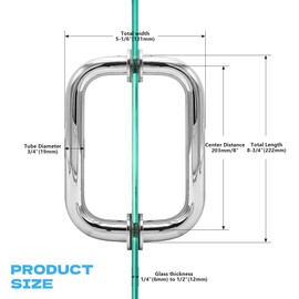 8" Shower Door Pull-Push Handle, Compatible with 1/4"(6mm) to 1/2"(12mm) Thick Glass Door, 5.11" W*9.25" H Door Handle, Chrome with 304 Stainless Steel