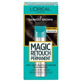L'Oréal Paris Magic Retouch Instant Root Spray, Darkest Brown 3. Ensures flawless coverage for grey regrowth in 3 seconds. This 75ml spray offers a quick, easy, natural-looking root touch-up.