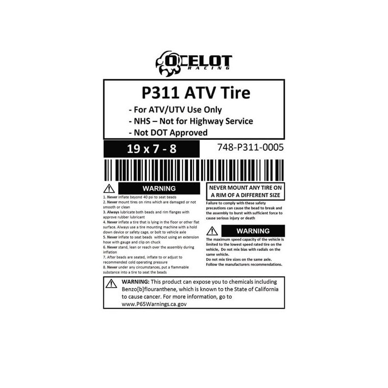 Ocelot P311 All Terrain ATV/UTV 19x7-8 Tires, 4-Ply, 15mm Tread