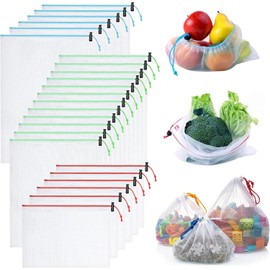 24 PCS bolsas reutilizables de malla para frutas y verduras, Bolsas de Tela Malla, bolsas para supermercado gran, transpirable y lavables, Almacenamiento frutas, vegetales y juguete