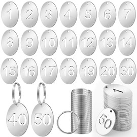 Yaocom 50 Pcs Hollowed Stainless Steel Number Tags Metal Numbered Key Number ID Tags with Key Rings Chain(Oval, 1-50)