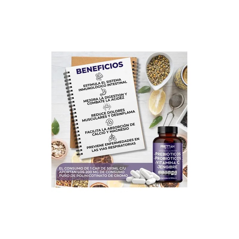 Prebioticos Probioticos Suplemento Cápsulas 500mg Prettan Sabor Jengibre