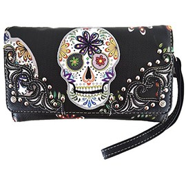 Western Style Sugar Skull Studded Country Purse Single Shoulder Bag Clutch Women Blocking Wristlet Wallet (#2 Black)