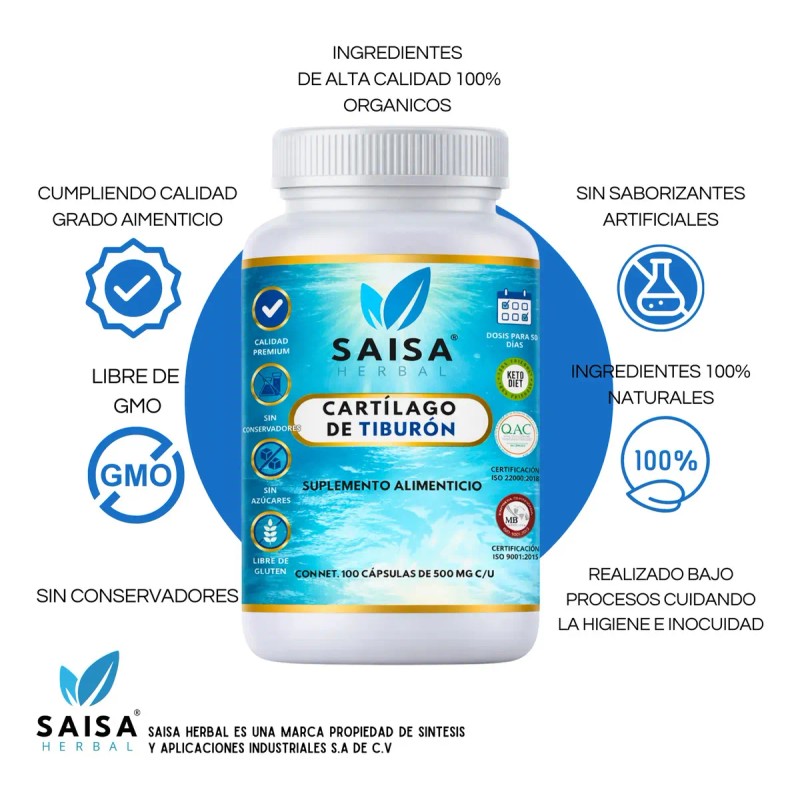Cartílago Tiburón Suplemento Alimenticio 100 Puro Cápsulas 500 Saisa Herbal