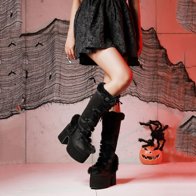 Accloris Black Platform Knee High Boots For Womens Warm Faux