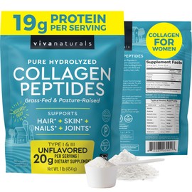 Viva Naturals Hydrolyzed Collagen Peptides Powder - 1 Lb Grass-Fed & Pasture-Raised Collagen for Women, Type I & III Unflavored Bovine Collagen Powder for Men, for Hair, Skin, & Nails