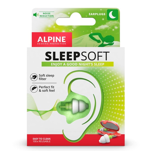 Alpine SleepSoft Ear Plugs for Sleeping - Muffles Snoring Sounds and Improves Sleep - Soft Plugs Suitable for Side Sleepers - Hypoallergenic Material - Reusable