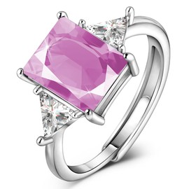 Eastlily 3.5ct Simulated 8*10mm Gemstone Birthstone Adjustable Rings 925 Sterling Silver Plated Emerald Cut Wedding Rings for Women, Promise for Her Engagement Rings, Jewelry Gifts Oct-Pink Tourmaline