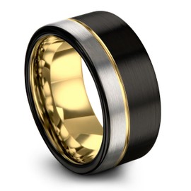Midnight Rose Collection Tungsten Wedding Band Ring 12mm for Men Women 18k Yellow Gold Grey Plated Flat Cut Black Brushed Polished Size 10