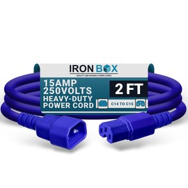 IronBox Electric C14 to C15 Power Cord - 15A/250V, 14/3 AWG SJT - Heavy Duty Cord - UL Listed IEC Power Cable Extension - Jumper Cables for Computer, Server, Desktop, Speaker & More (2ft, Blue)