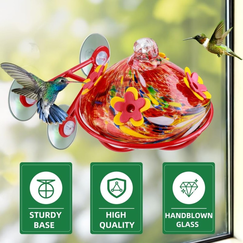 Window Hummingbird Feeder - Hand Blown Glass Mounted Hummingbird Feeder