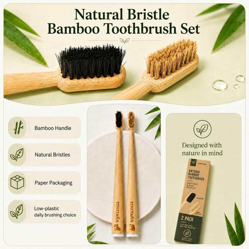 Boar Bristle & Horsehair Bamboo Toothbrush 2 Pack, Plastic &