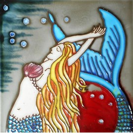 Mermaid Hand Painted Ceramic Art Tile 6x6 inches with Easel Back