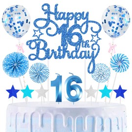 16th Geburtstag Kuchen Dekoration Kuchen Toppers Zahl Kerzen Birthday Torten Dekoration Sternen Papierfächer Ballon Torte Toppers Kuchendeko für 16. Geburtstag Dekorationen Party Zubehör, Blau