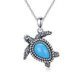 BETHZA Turtle Necklace Genuine Turquoise Sea Turtle Necklace Sterling Silver Sea Turtles Pendant Gifts for Women Girls (18+2")